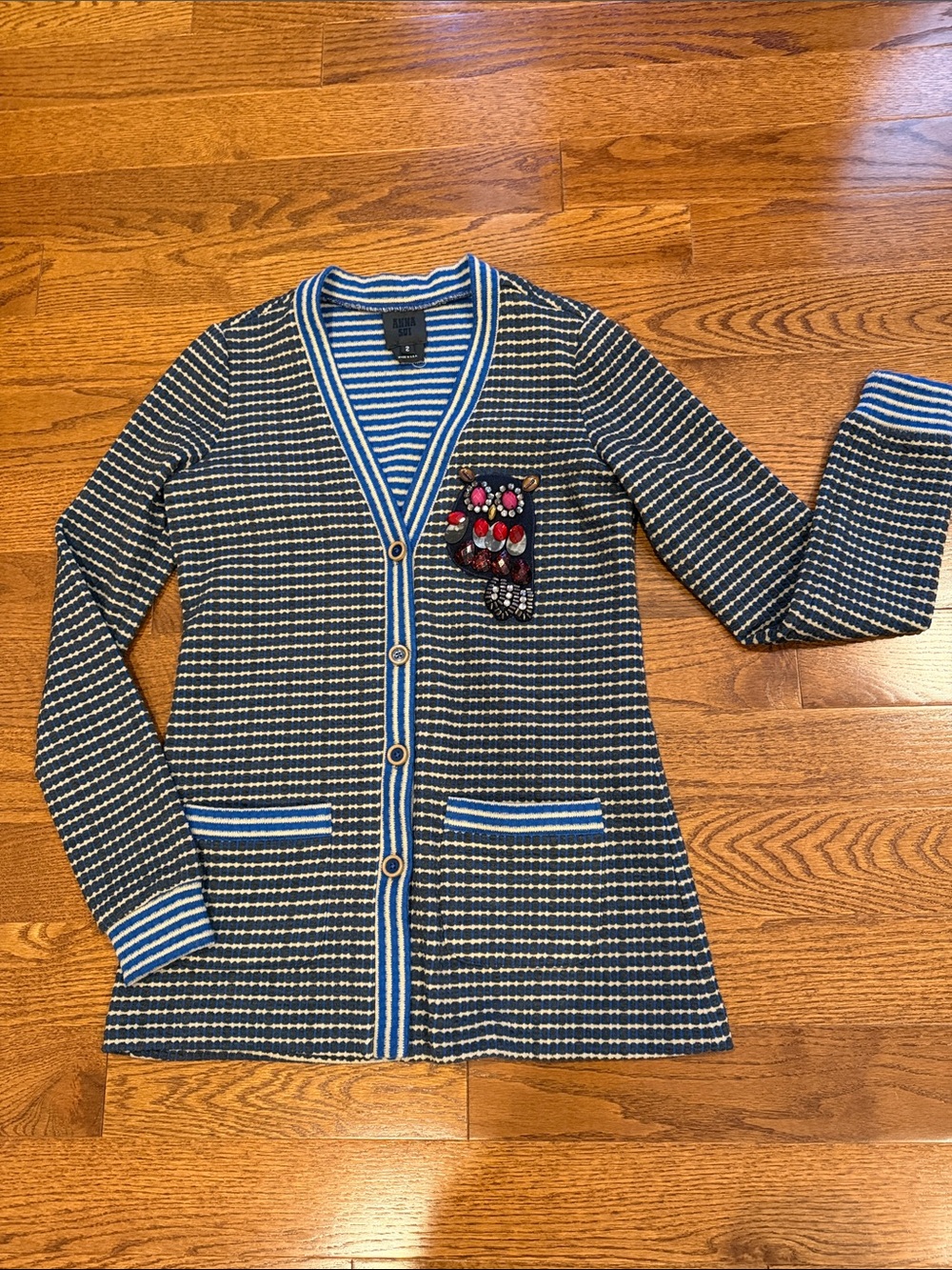 Anna Sui Blue & White Striped V-Neck Cardigan Jacket with Owl Embellished Piece